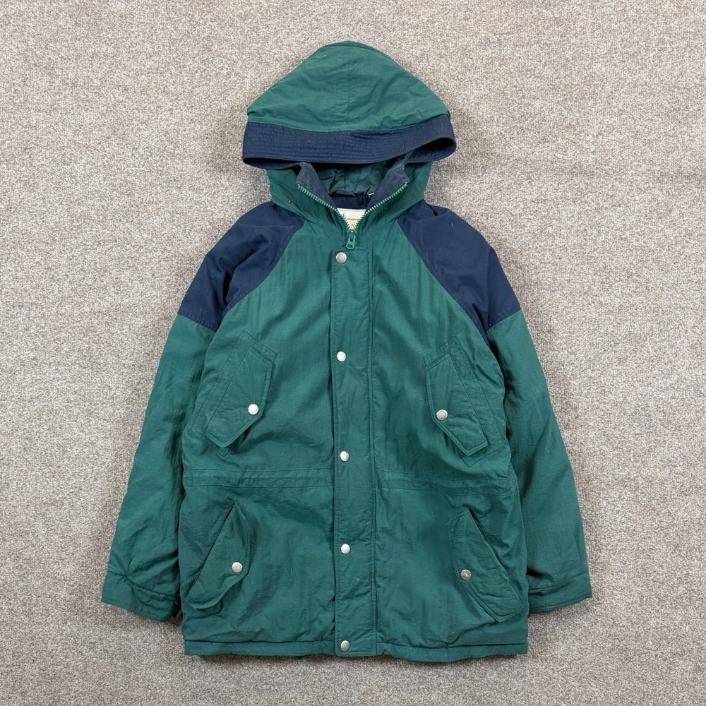 Vintage Green Navy Hooded Puffer Parka Jacket Men’s M Retro 90s Warm Winter Coat